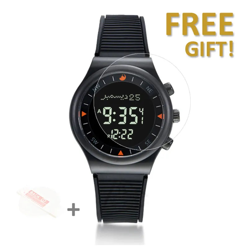 Black on Black Islamic prayer Athan Watch, showcasing a free gift of screen protector.